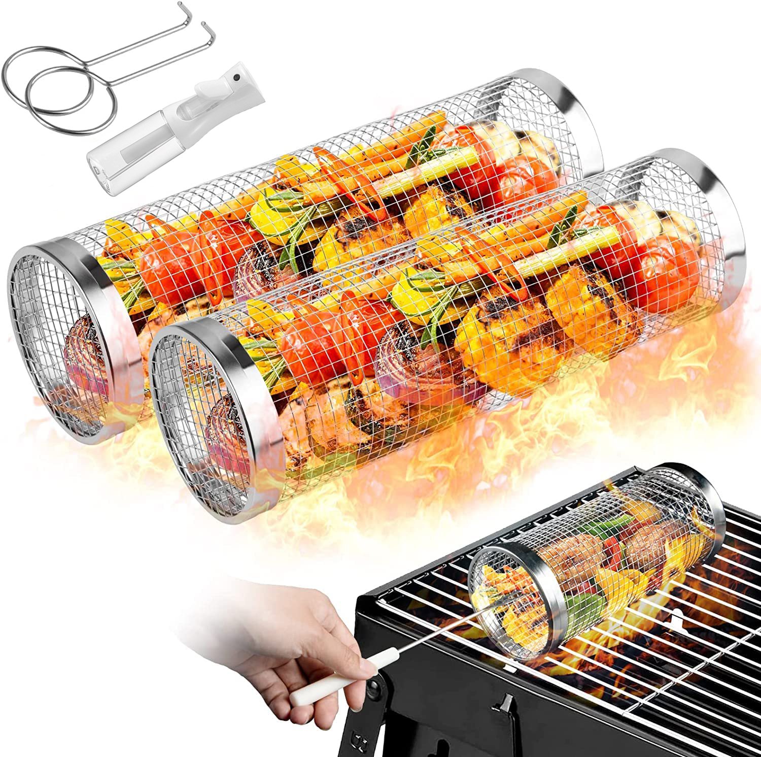 Camping Cooking Gear Set - 2 Pieces Rolling Grilling Baskets for